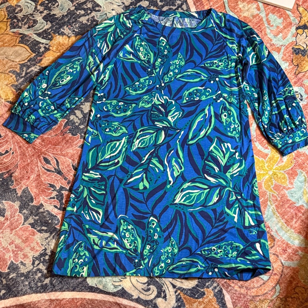 Lilly Pulitzer Blue and Green Leaf Midi Dress